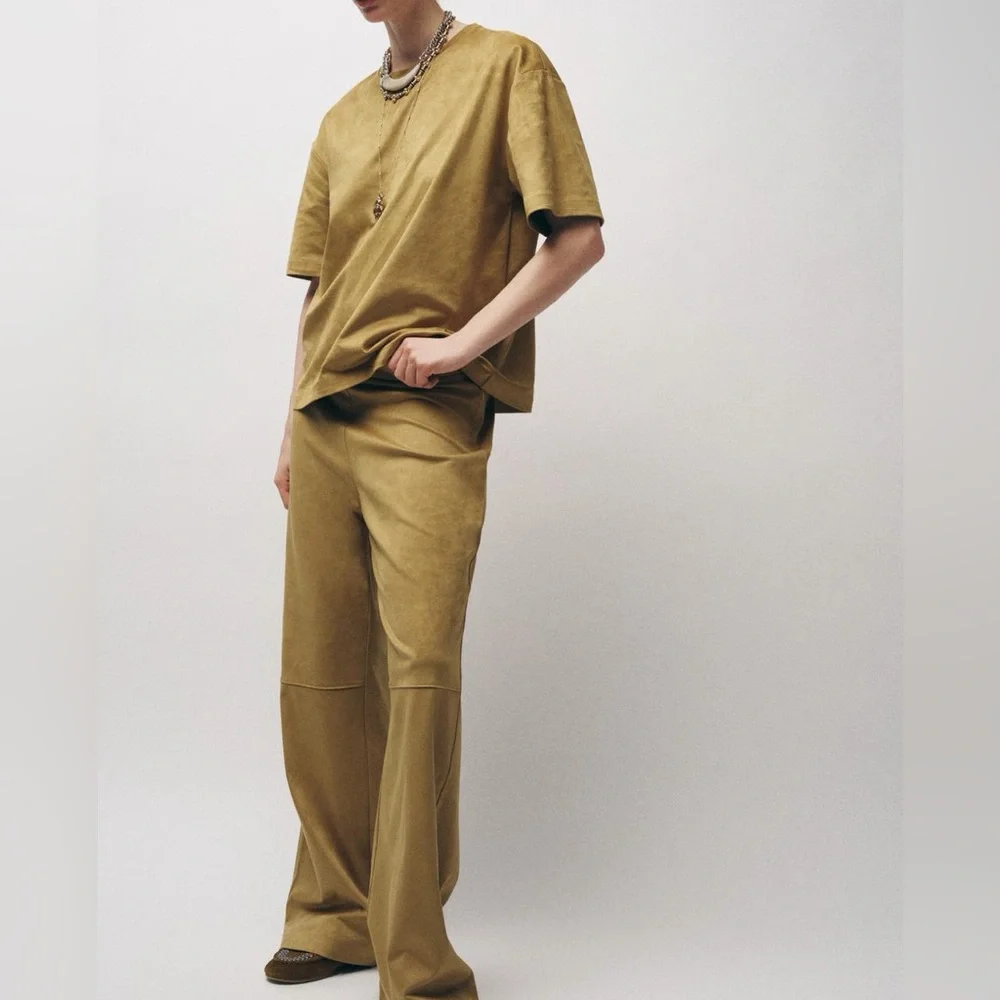 Zara NWT 2 piece matching SET tan faux suede tee shirt & wide leg pants